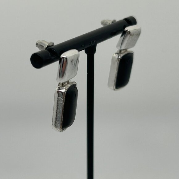 Liz Claiborne Vintage Silver-Tone Drop Earrings With Black Acrylic Rectangle Acc - Picture 3 of 11